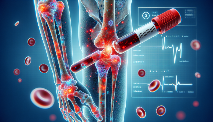 Eine detaillierte medizinische Abbildung eines Bluttests auf Rheumafaktor, mit entzündeten Gelenken und autoimmune Aktivität, vor diagnostischen Diagrammen und klinischen Notizen.