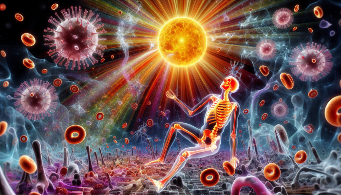 Vitamin D Blood Test in Middlesbrough: A skeleton absorbing calcium under a sun, surrounded by immune cells, with rickets and osteoporosis bones in the background.