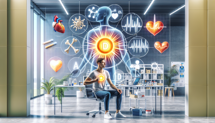 Person undergoing vitamin D test in clinic, surrounded by health symbols and improvement chart.