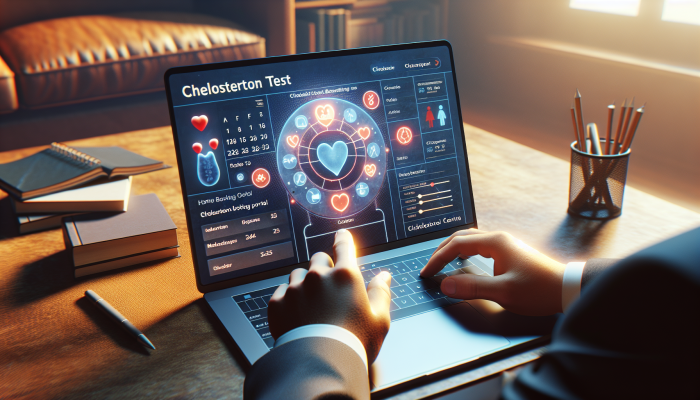 Person using laptop to book cholesterol test online in a cozy home office.