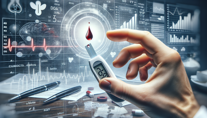 A blood glucose test strip with a blood drop, medical charts showing glucose levels for diabetes monitoring.