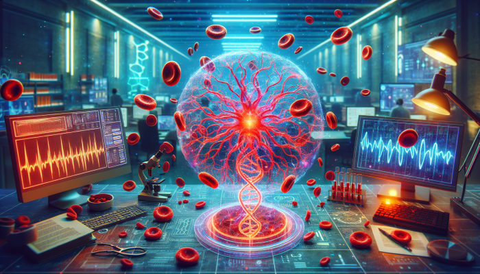 Vitamin B12 Blood Test in Brighton: A glowing neural network with red blood cells and DNA, representing Vitamin B12's role, at a Brighton testing facility.