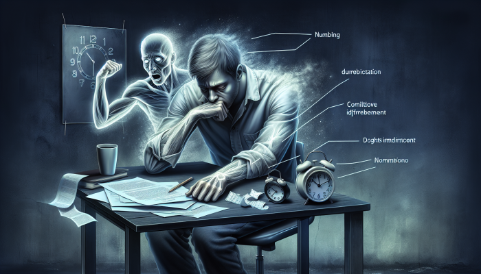 Vitamin B12 Blood Test in Irvine: Person with vitamin B12 deficiency symptoms at desk, surrounded by papers, clock showing late hours.