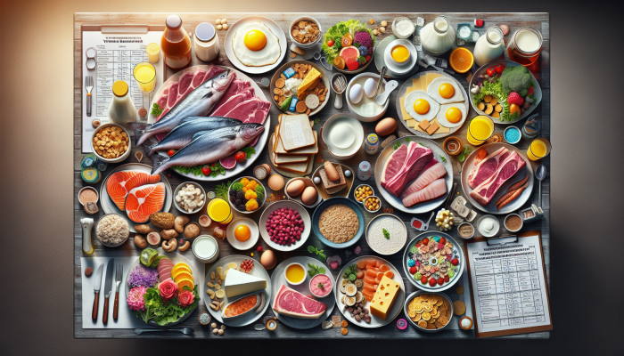 A table with B12-rich foods like meat, fish, eggs, dairy, and fortified cereals and plant-based milks.