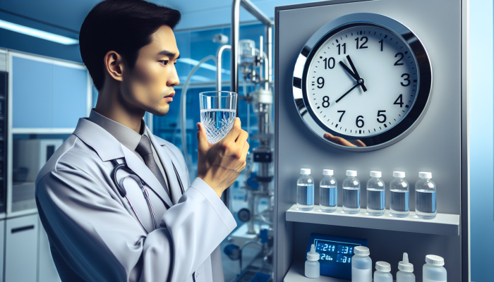 Person holding water, eyeing clock, with medical lab background, illustrating fasting for vitamin B12 test.