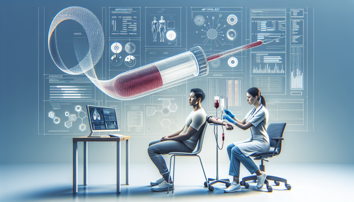 A patient calmly preparing for a blood test in a serene medical setting, with a healthcare provider explaining the procedure.