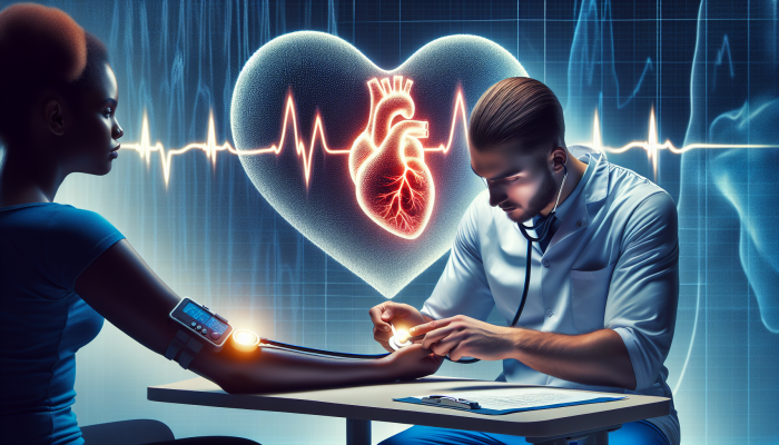 A person undergoing a cholesterol test in a medical setting, with a heart-shaped health chart in the background.