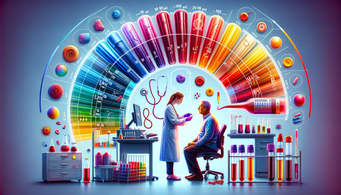 Infographic showing normal vitamin B12 levels (200-900 pg/mL) with a doctor and patient discussing results.