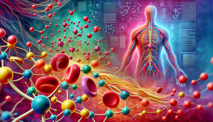 Illustration of Vitamin B12 molecules, red blood cells, and neural pathways with myelin sheaths on a human body.