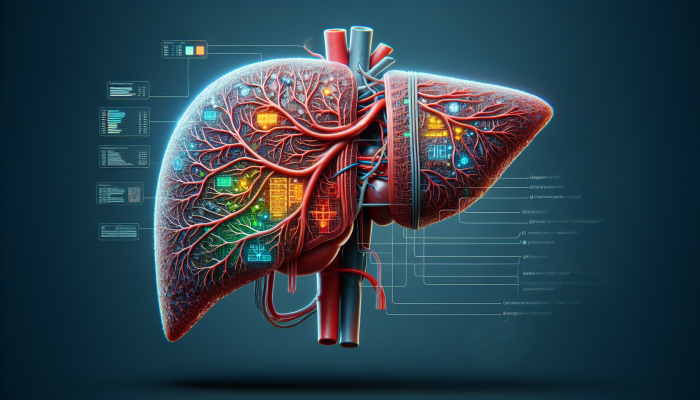 A detailed medical illustration of a liver with labeled sections showing advanced blood test results and health conditions.
