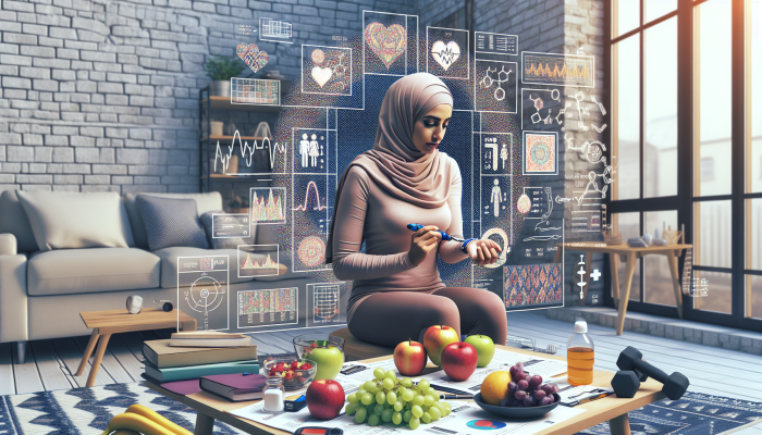 A person checking blood glucose at home, with medical charts and healthy lifestyle items, symbolizing proactive diabetes management.