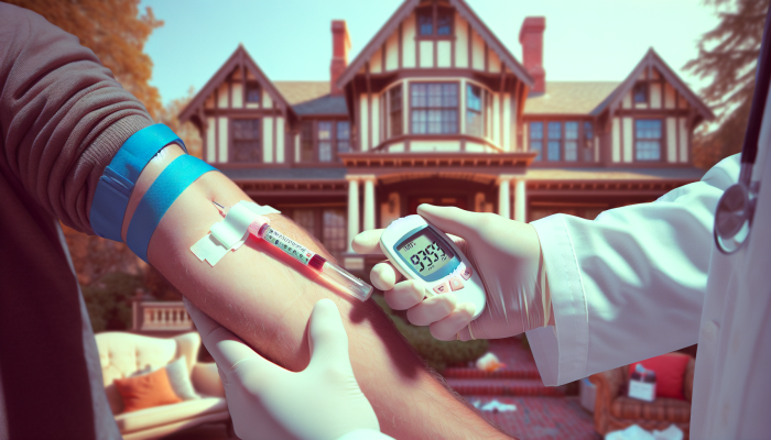 A medical professional drawing blood from a patient's arm in Brentwood clinic, with a glucose meter showing 6.1 mmol/L.
