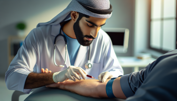 A healthcare professional drawing blood from a patient's inner elbow in a clinical setting in Sedgley.