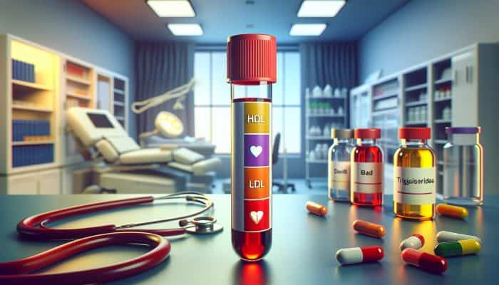 Cholesterol Blood Test in Totton: Illustration of a cholesterol blood test vial showing HDL, LDL, and triglycerides.