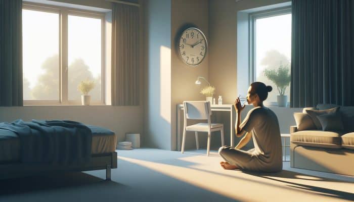 Person drinking water during fasting period before cholesterol test, in minimalist room with early morning clock.