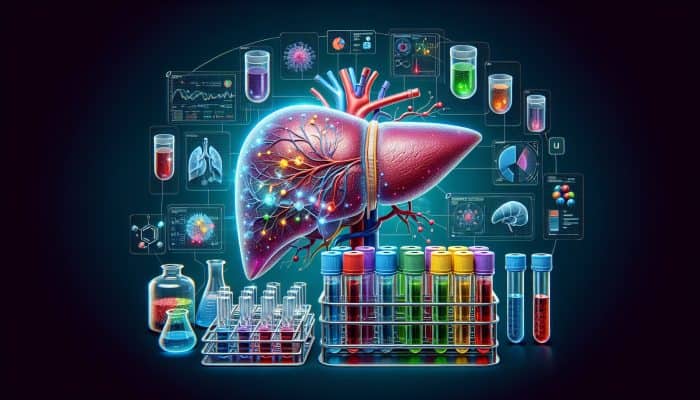Advanced Liver Blood Test in Stowmarket: Illustration of a liver with sections highlighted, surrounded by test tubes and diagnostic charts, representing advanced liver blood tests.