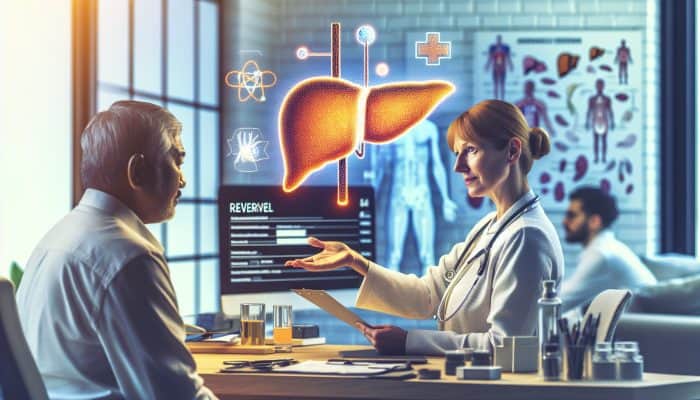 A GP discussing liver health and pointing to a referral form in a modern clinic with medical equipment and a specialist's office in the background.
