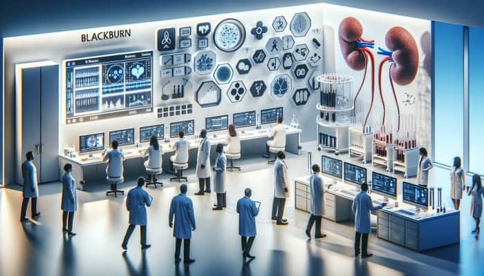 Modern Blackburn laboratory featuring advanced technology for precise, less invasive kidney blood tests, with a focus on biomarker research.