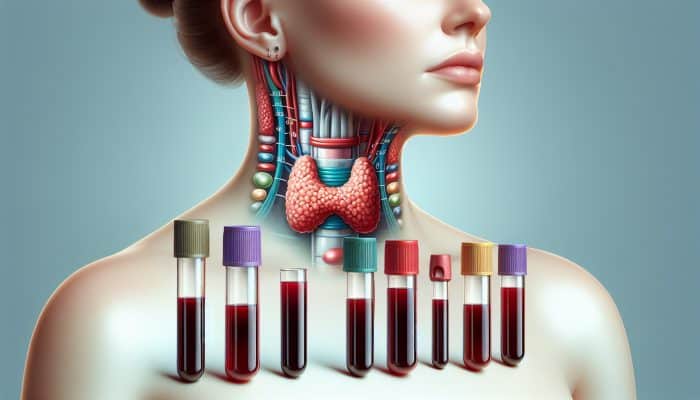 Thyroid Blood Test in Bath: Illustration of a thyroid blood test, showing neck, thyroid gland, blood vials, and hormone level chart.