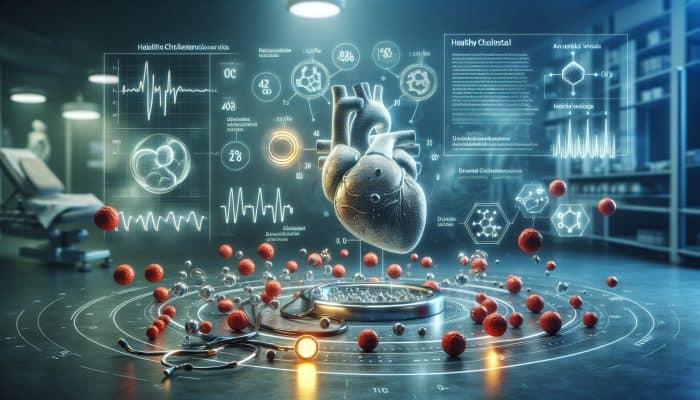 Cholesterol Blood Test in Bedford: Illustration of a heart with cholesterol molecules and a chart comparing healthy and high cholesterol levels in a clinic.