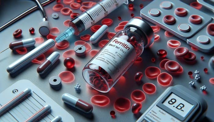 Ferritin Blood Test in Redditch: A ferritin blood test vial with medical equipment, symbolising diagnosis of iron issues, against red blood cells.