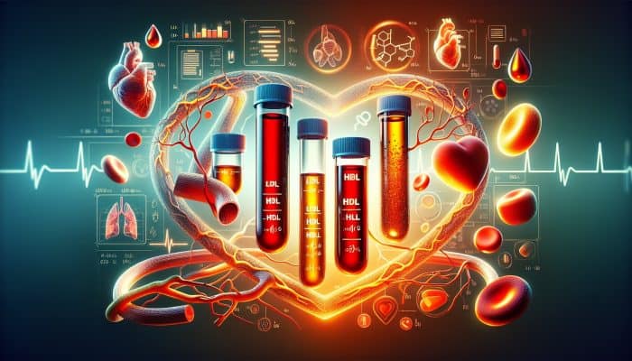 Cholesterol Blood Test in Whitehaven: Illustration of cholesterol blood test vials labelled LDL, HDL, triglycerides, with heart and arteries showing plaque buildup risk.