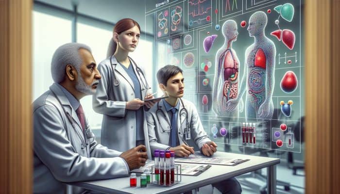A medical illustration of liver blood testing in a modern Bloxwich clinic, showcasing experts and advanced equipment.
