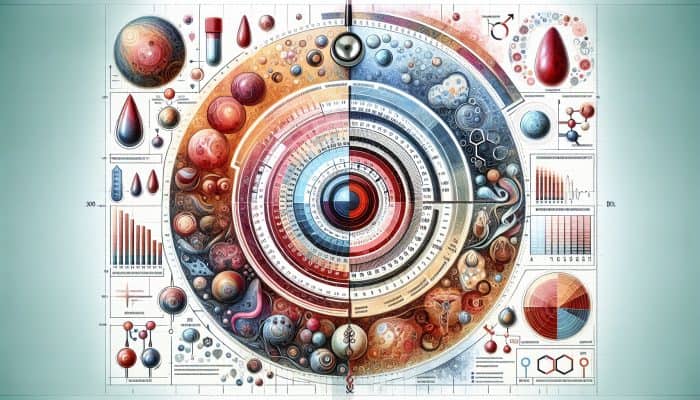 A medical chart illustrating male hormone test results with testosterone levels displayed between 300-1000 ng/dL.