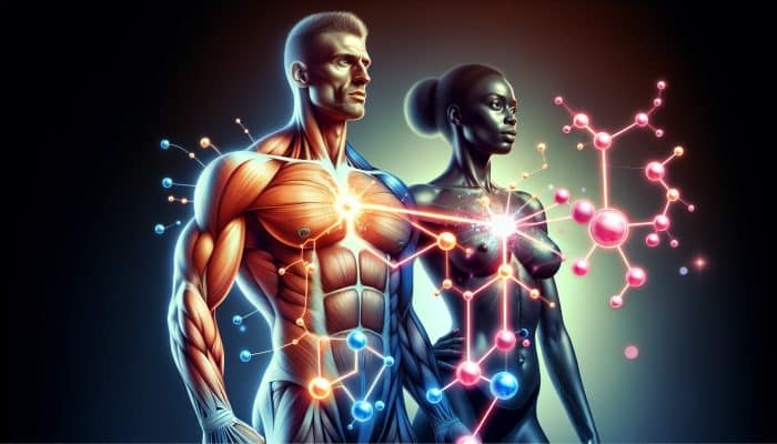 Testosterone Blood Test in Swindon: Illustration of man and woman with glowing testosterone molecules, highlighting health and vitality.