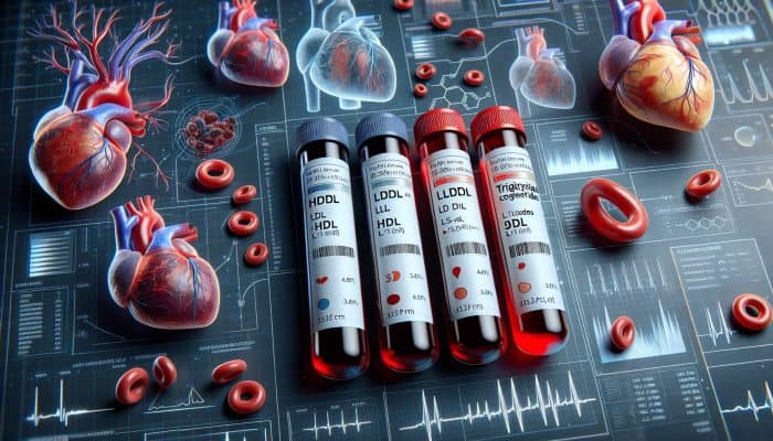 Cholesterol Blood Test in Yeovil: Illustration of cholesterol blood test vials labelled HDL, LDL, triglycerides, with heart and circulatory system diagram.