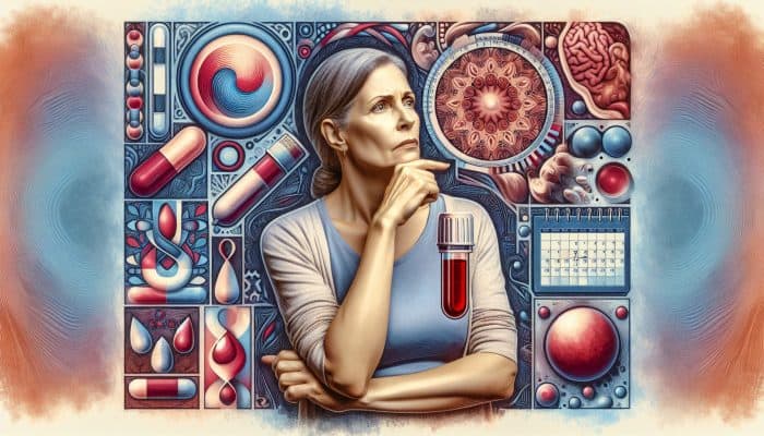 Woman in her 40s with blood test vial, surrounded by menopause symptom icons.