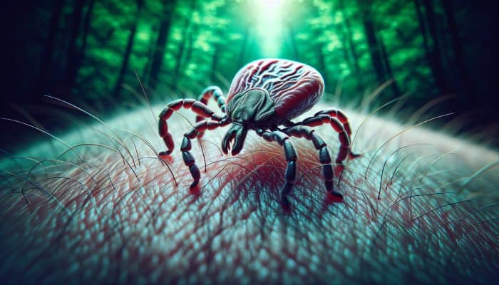 Lyme Disease Blood Test in Fleet: Ixodes ricinus tick on skin, blurred vegetation background, symbolising Lyme disease risk in rural areas.