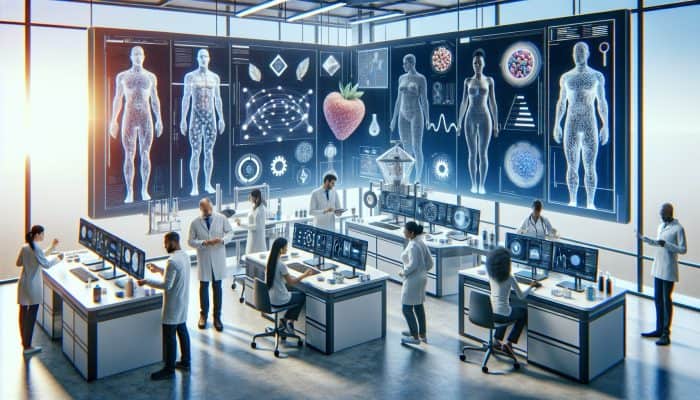 A state-of-the-art laboratory equipped with advanced technology for precise food intolerance testing, showcasing diverse individuals receiving personalised dietary guidance.