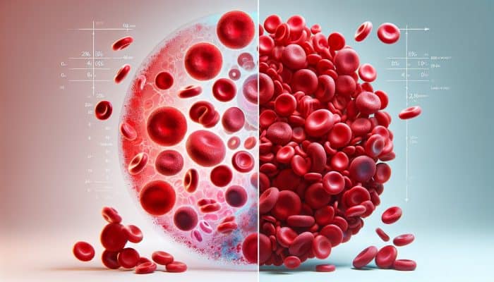 Illustration of ferritin levels in blood, showing normal and low levels with red blood cell differences.