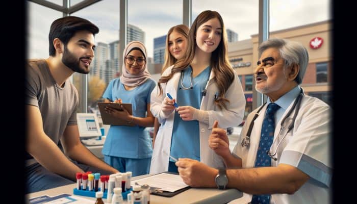 Diverse healthcare team in Airdrie guiding patient through diabetes test in clinic.