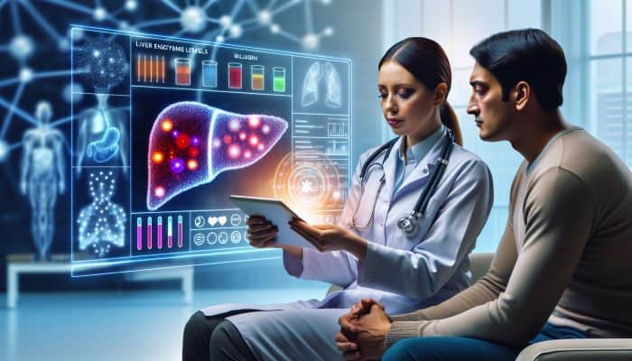 A healthcare professional explaining liver blood test results on a digital tablet with graphs and charts.