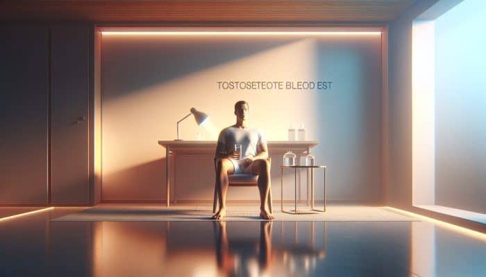 Person fasting for testosterone test, calmly drinking water in a serene, minimalist room.