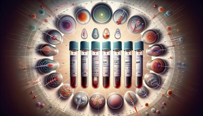 Fertility Blood Test in Bearsden: Eine detaillierte medizinische Abbildung eines Fertilitätsbluttests mit Hormonmarkierungen und Eierstockfollikeln.