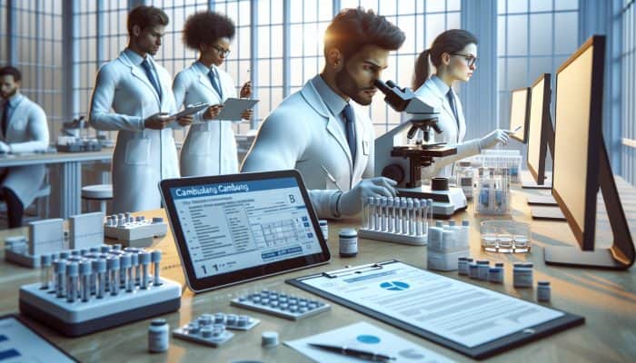 A medical lab in Cambuslang with technicians analyzing testosterone samples under a microscope, surrounded by charts and graphs.