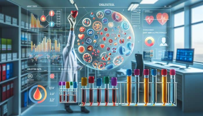 Infographic on cholesterol testing featuring expert insights, set in a modern Dumfries laboratory, complete with test tubes and data charts.