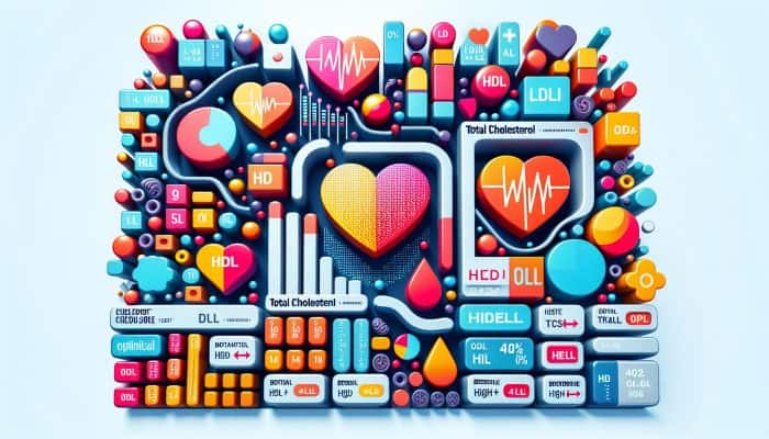 Detailed cholesterol test report displaying total cholesterol, LDL, HDL, and triglycerides with optimal, borderline, and high levels indicated.