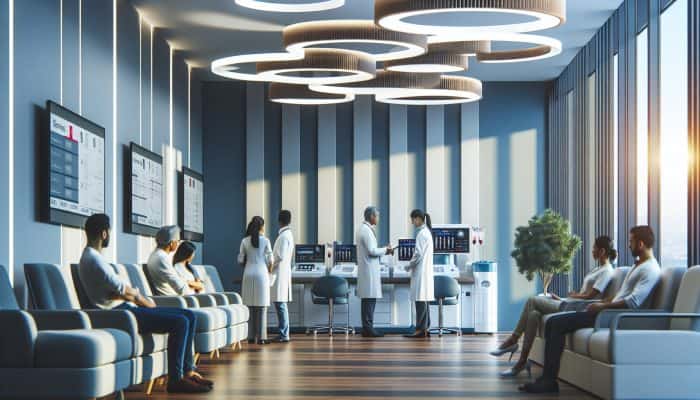 Modern clinic in Blackpool: technicians perform cortisol blood tests, diverse patients wait comfortably, doctors provide personalized care under bright lights.