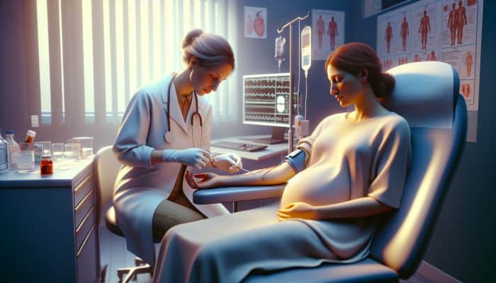 Serene clinic in Leeds: healthcare professional gently draws blood from relaxed pregnant patient's arm using antiseptic and needle.