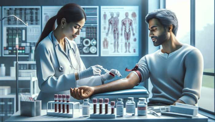 A nurse draws blood from a relaxed middle-aged man's arm in a sterile clinic, using a syringe amid medical equipment and bright lights.