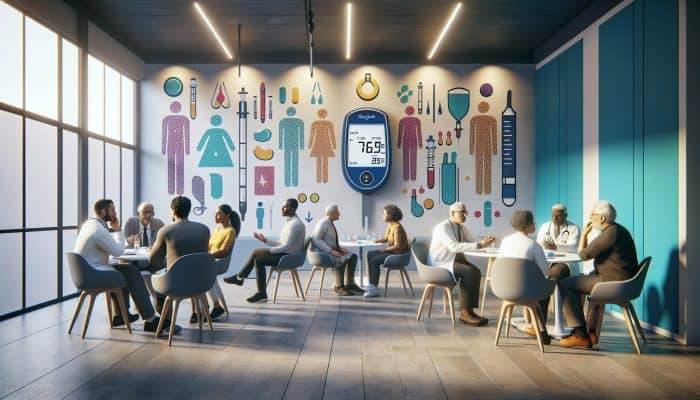 In a modern UK clinic, diverse individuals consult NHS experts on diabetes testing, surrounded by blood glucose monitors and awareness posters on early symptoms and lifestyle changes.