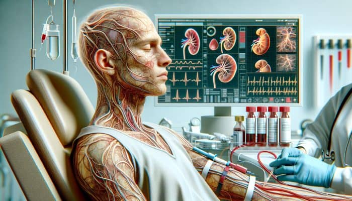 Close-up medical illustration of a dehydrated patient with parched skin undergoing blood draw, skewed graphs showing altered electrolyte results.