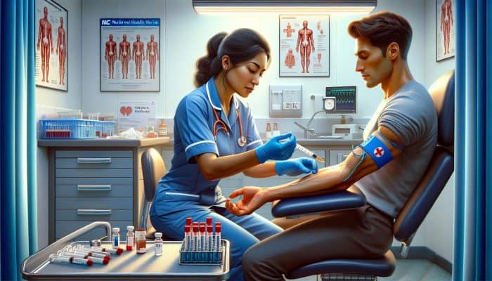 A nurse in blue scrubs draws blood from a patient's arm in a modern UK clinic, with syringes, test tubes, and NHS posters nearby.