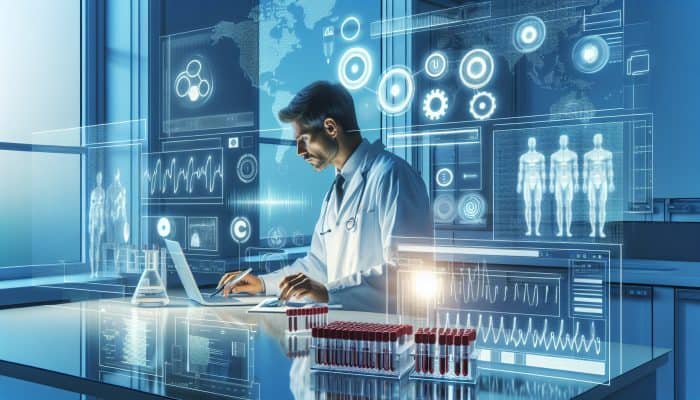 Scientist in white coat analyzes blood samples for testosterone in a modern UK lab using advanced digital equipment.
