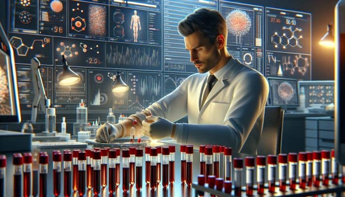 In a modern Brighton lab, a scientist in a white coat draws blood for food intolerance testing amid high-tech equipment and glowing IgG samples.