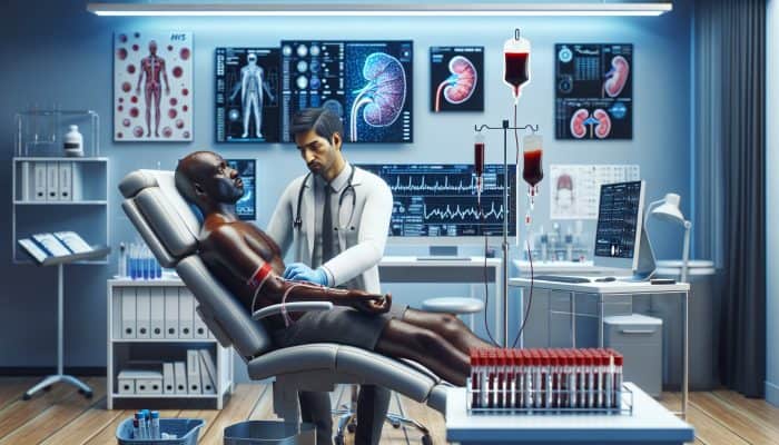What Does a Kidney Function Test Measure?: A compassionate doctor draws blood from a weary patient with swollen features in a modern UK NHS surgery, surrounded by charts, test tubes, and an eGFR graph.